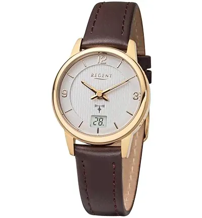 Regent 12-030-079 Edelstahluhr mit Lederarmband Damenfunkuhr-0